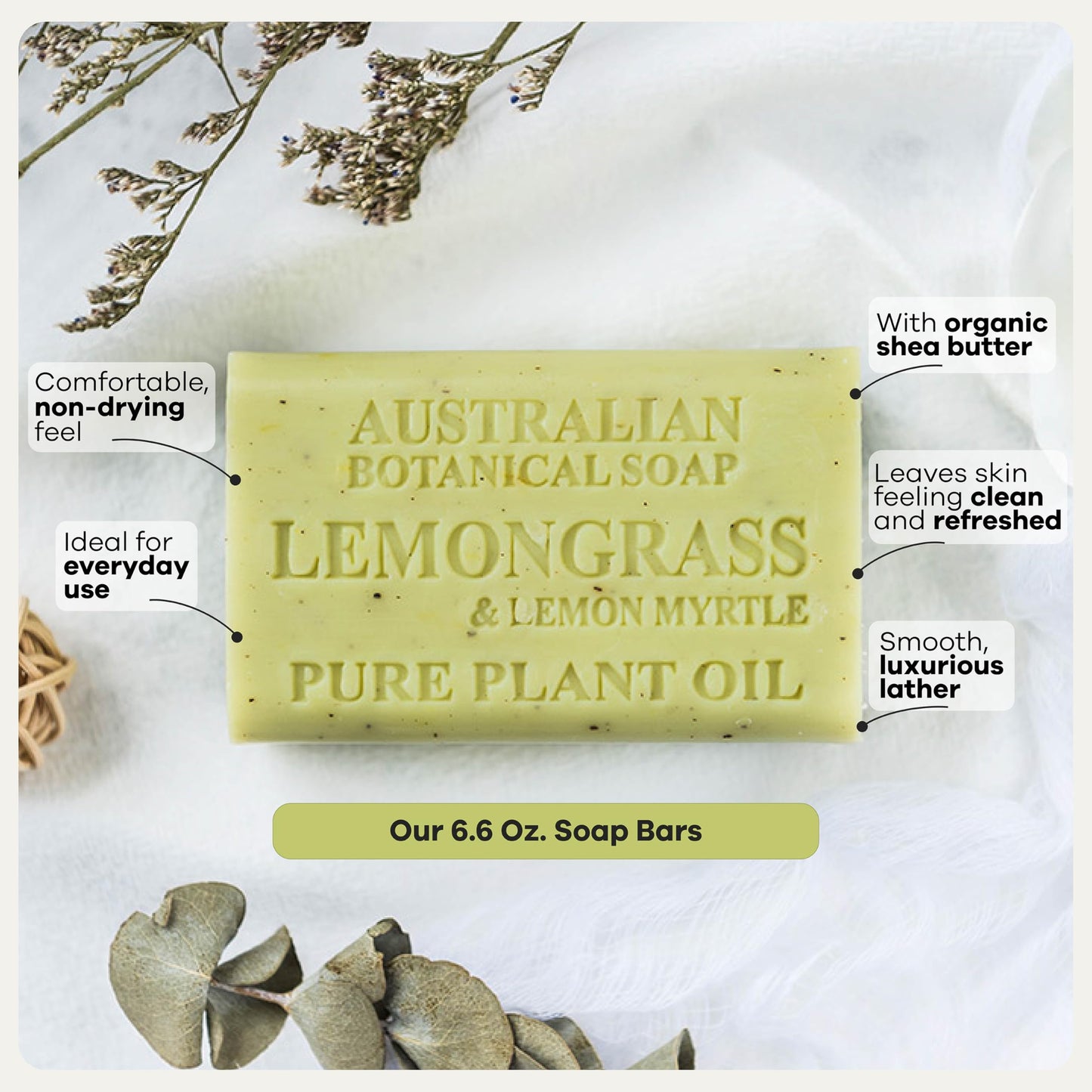 Australian Botanical Soap Lemongrass & Lemon Myrtle – Triple Milled 6.6 oz Bar Soap with Shea Butter, Face Hand & Body Soap Bars, Pack of 4