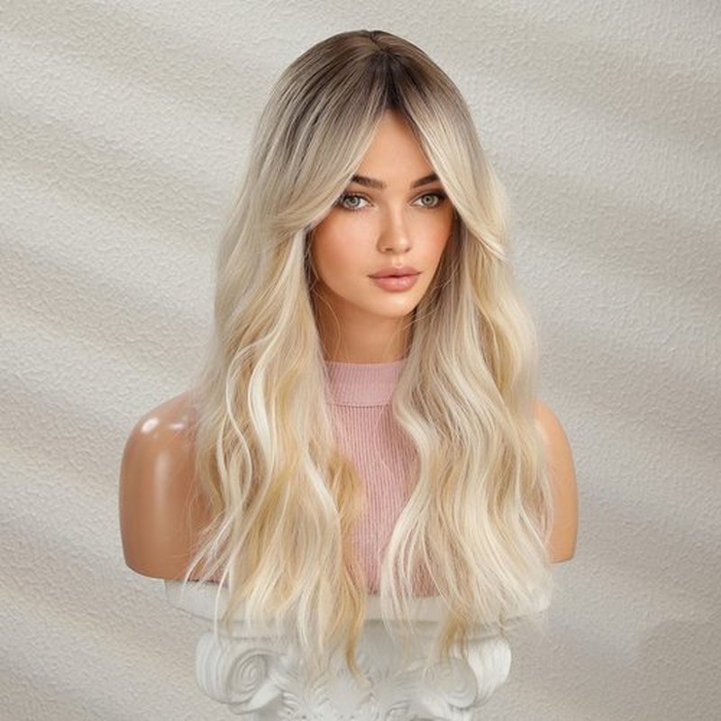MAGQOO Blonde Wig for Women Long Curly Wavy Ombre Blonde Wigs Dark Roots Two Tones Synthetic Heat Resistant