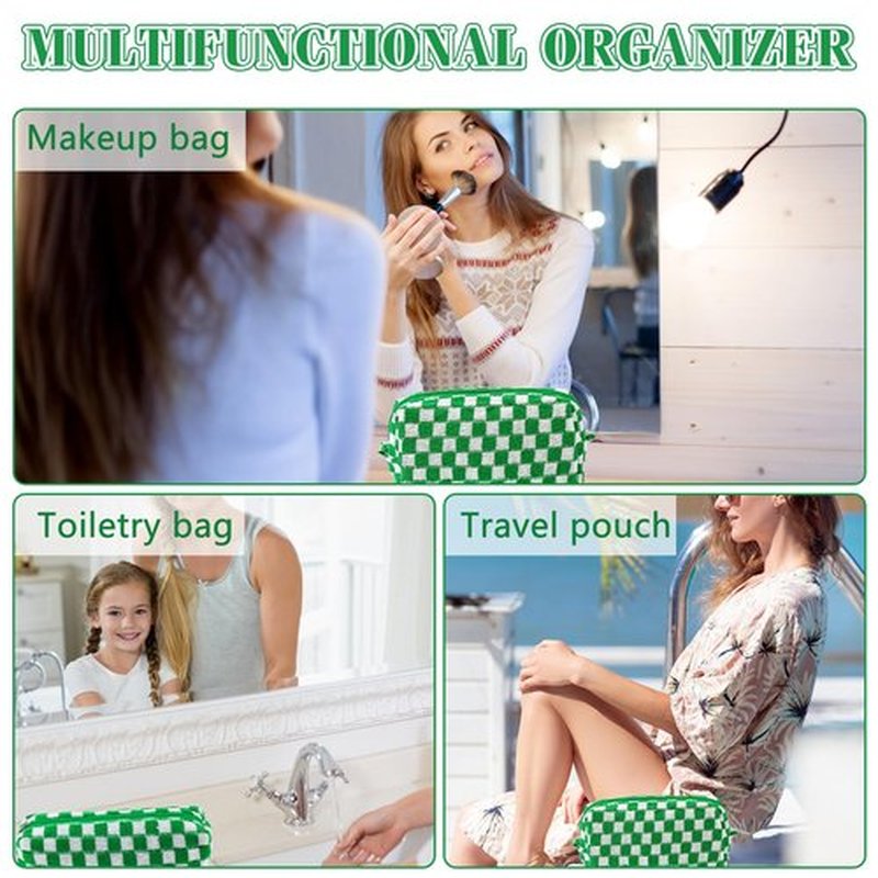 2Pcs Checkered Makeup Bag for Women Girls Pencil Pouch Travel Small Cosmetic Bag Set Cute Makeup Pouch Purse Pencil Case Pencil Bag Zippered Toiletry Bag Organizer Preppy Trendy Storage Bag(Green)