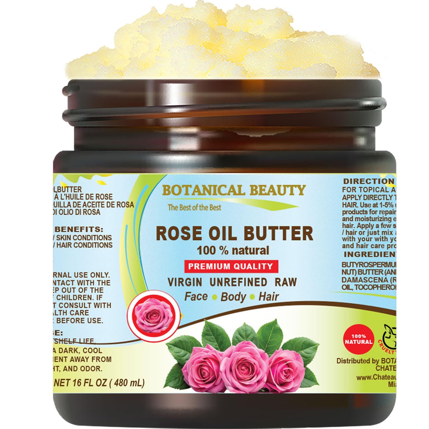 Botanical Beauty ROSE OIL BUTTER 100% Natural Rose Essential Oil in Shea Nut Butter for FACE SKIN BODY HAIR NAILS Beauty Skin Moisturizer Oil Butter Skin Nourishing (16 Fl Oz 480 ml)