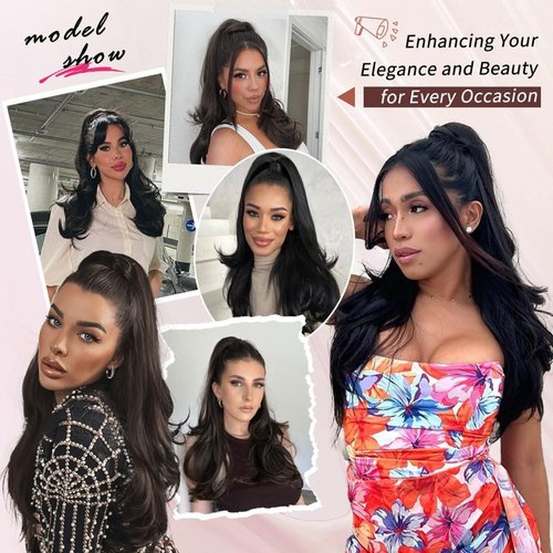CHRSHN Ponytail Extension, Drawstring Ponytail Extension for Women Long Black Brown Wavy Pony Tails Hair Extensions Synthetic Wavy Clip in Ponytail Hairpiece for Women