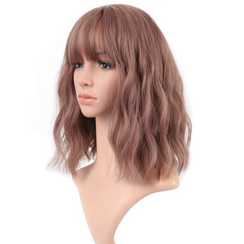 VCKOVCKO Rattan Short Natural Wavy Wig With Air Bangs Shoulder Length Curly Cosplay Synthetic Wig Bob Wig for Girl and Women's Colorful Wigs(12",Rattan-B)