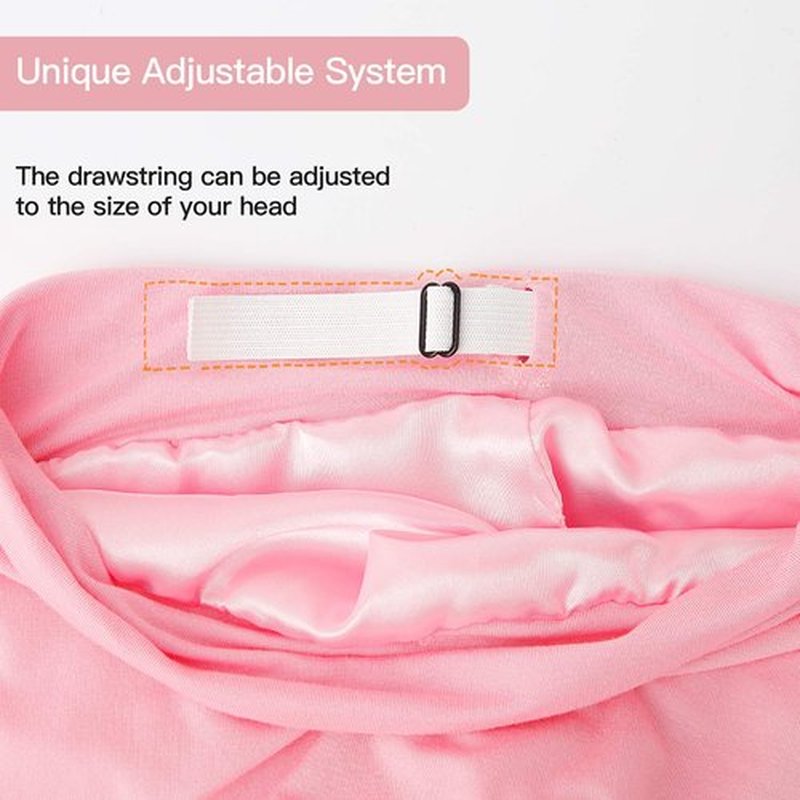 Silk Satin Lined Bonnet Sleep Cap - Adjustable Stay on All Night Hair Wrap Cover Slouchy Beanie for Curly Hair Protection for Women and Men - Black & Pink