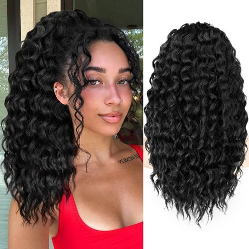 KooKaStyle Curly Ponytail Extension Fluffy Drawstring Ponytail for Women Kinky Curly Clip in Hair Extensions Long Curly Wavy Ponytail Extension Synthetic Hairpiece for Daily Use(18 Inch,Black)
