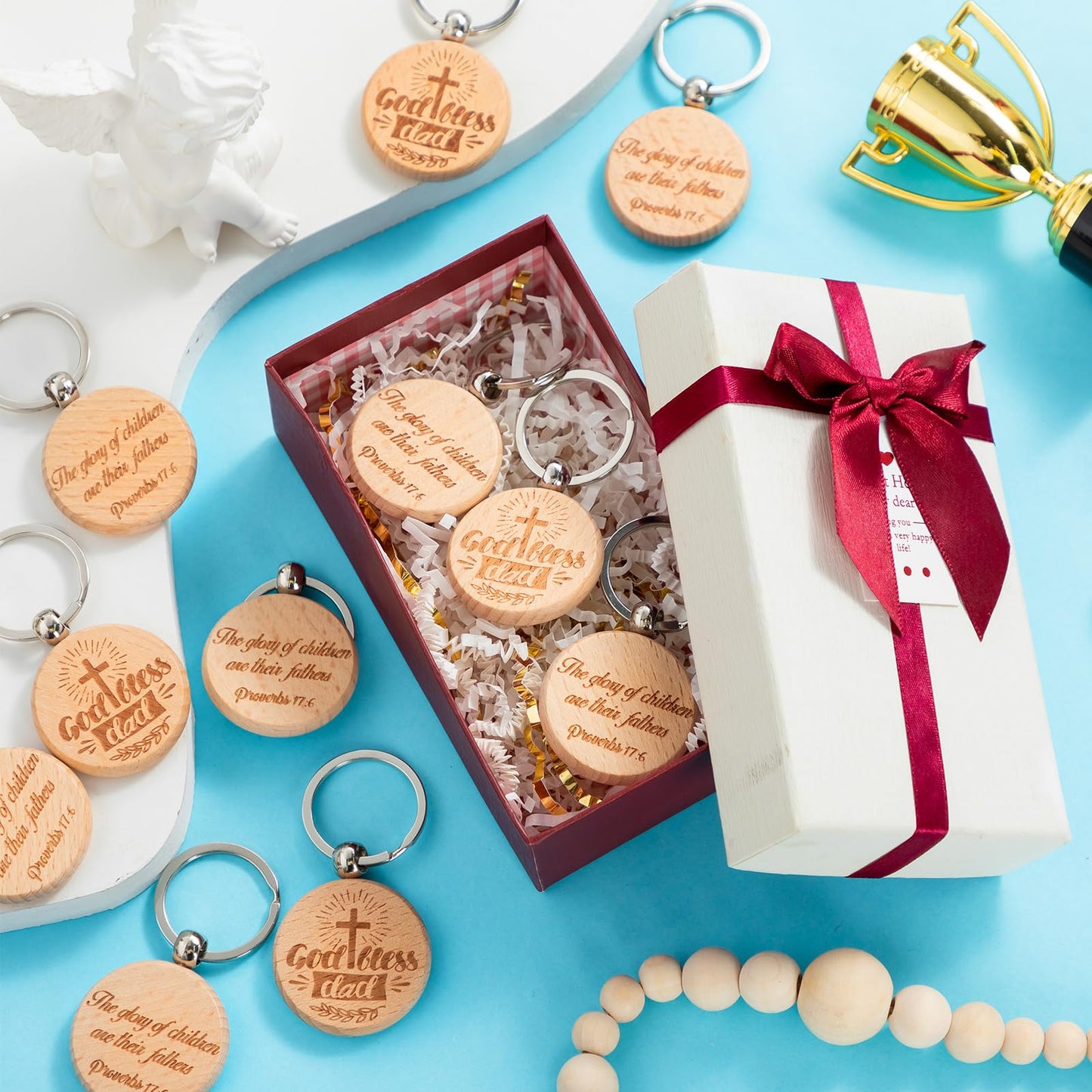 Liliaafar 36 Pcs Father's Day Gifts Bulk for Church Wooden Double Sided Printing Keychain Dad Christian Bible Verse Keychains from Daughter Son for Birthday Religious Thanksgiving Gifts for Man