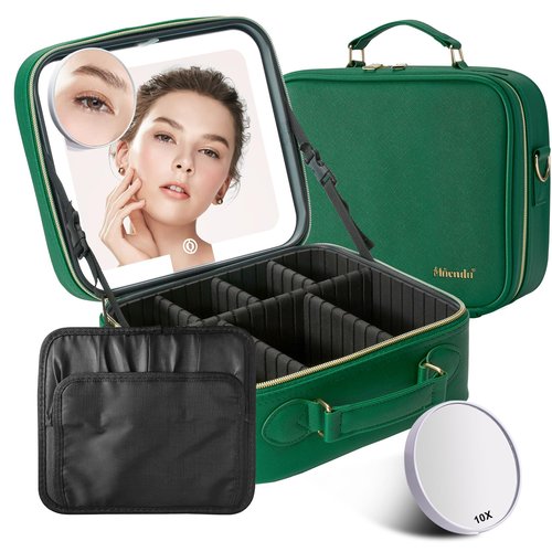 Mocado Travel Makeup Bag with LED Lighted Mirror,Travel Makeup Organizer,Makeup Case with 3 Color Lighted Setting and 10x Magnifying Mirror,Portable Storage and Adjustable Dividers Makeup Box(Green)