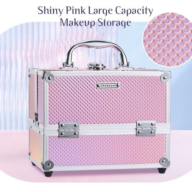 FRENESSA Makeup Train Case Beauty Cosmetic Box 4 Tier Trays Jewelry Storage Organizer with Lockable Pink Lining Perfect for Women and Girls - Mermaid Pink
