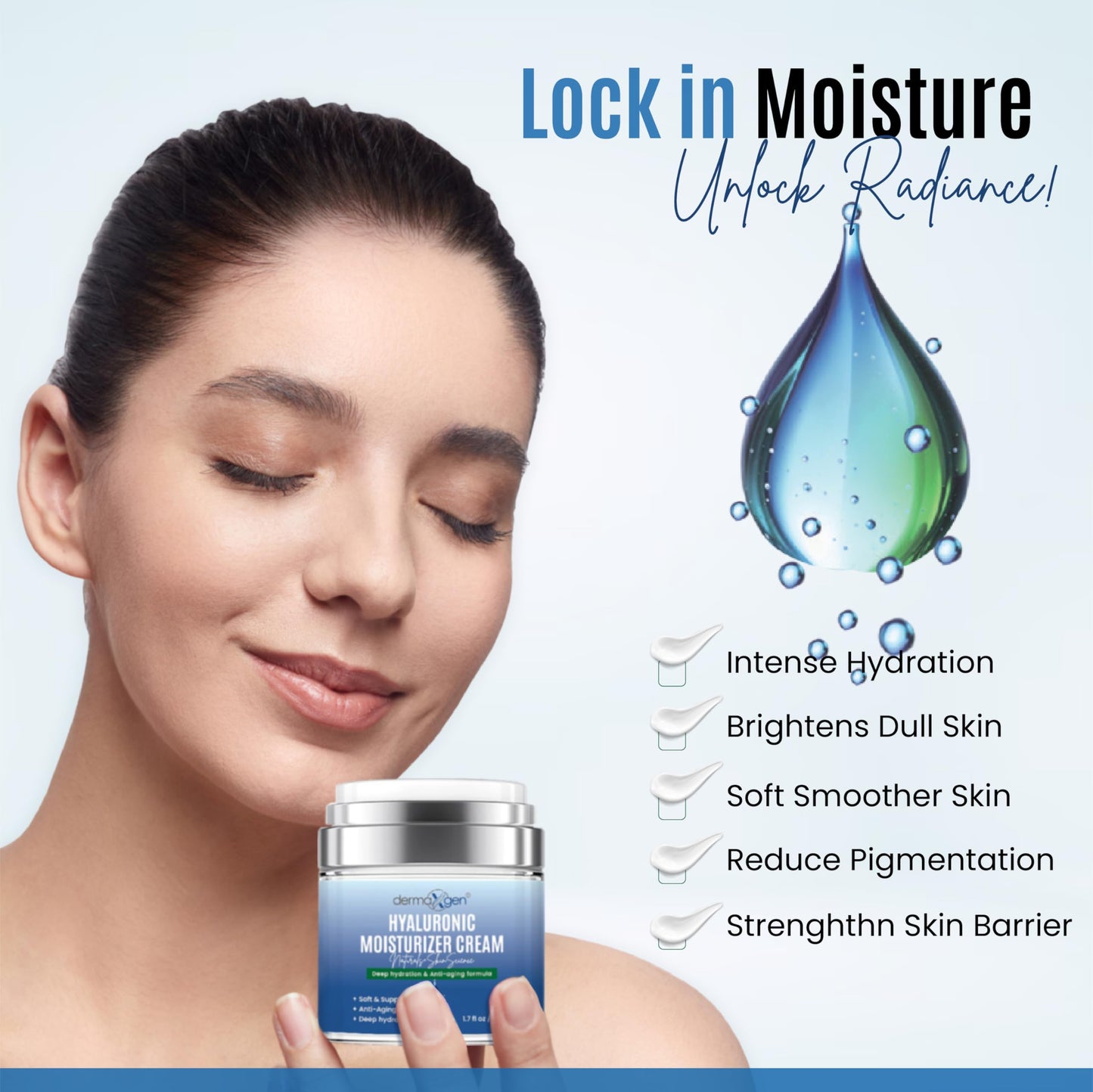 Dermaxgen Hyaluronic Acid Moisturizer - Hydrating Moisturizer Face Cream to Reduce Pigmentation & Improve Skin Elasticity - Anti Aging Cream for Day and Night Use - Suitable for All Skin Types - 50 ml