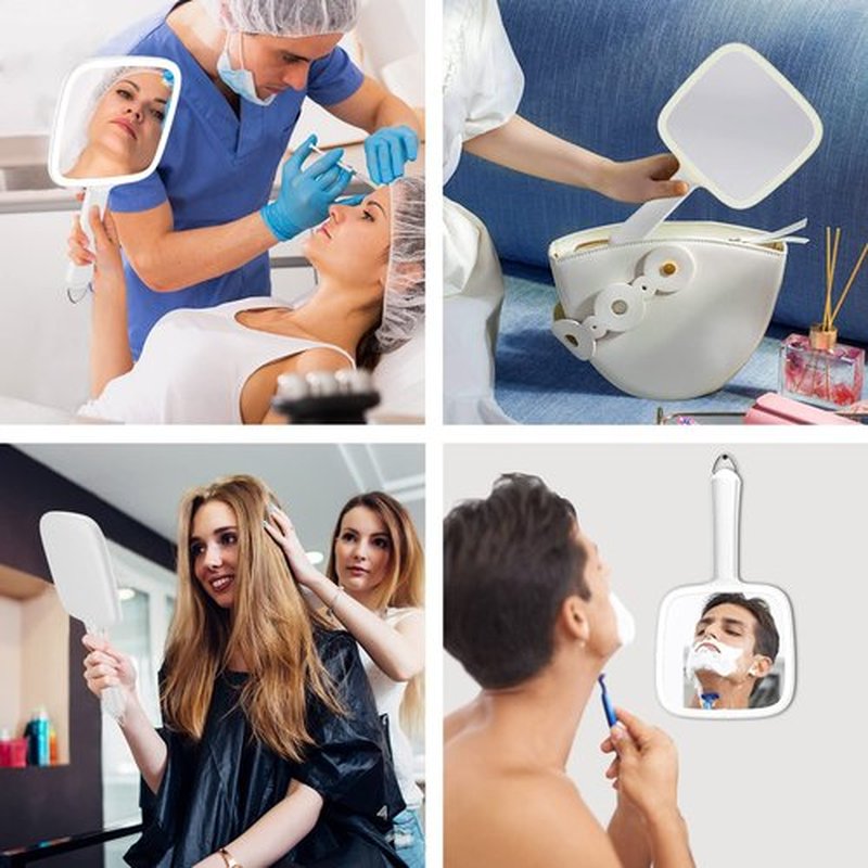 Lighted Handheld Mirror with 3 Light Color and Dimmable, 6.2'' X 5.9'' Makeup Mirror, Wide Viewing Angle, Lightweight & Durable, 4 AAA Battery, Versatile & Hangable for Makeup Application (White)