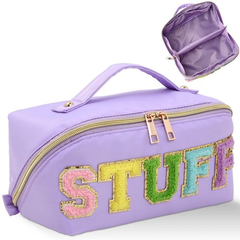 LONEDREAM Stoney Clover Preppy Makeup Bag, Large Capacity Travel Cosmetic Bag, Chenille Letter Open Flat Nylon Bag, Purple
