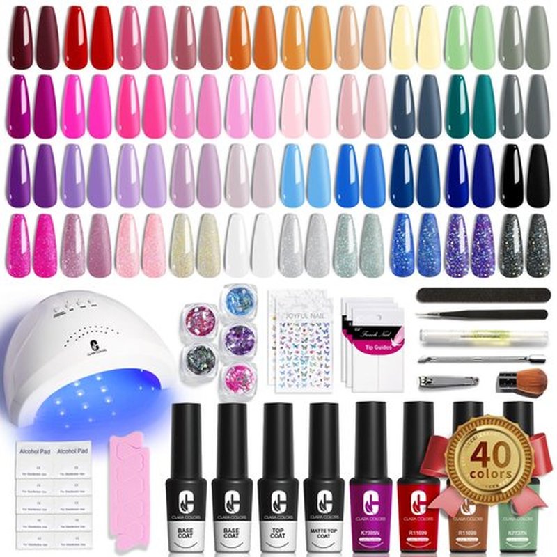 Clara Colors Gel Nail Polish,40 Colors Purple Green Pink Blue Black UV Gel Nail Polish Set and Base Top Coat with UV Light Set Kit , Soak off Gel Polish Nail Art For Women