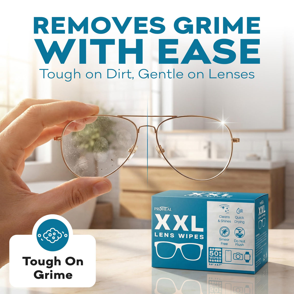XXL Lens Wipes, 50 Count - 9.8"x6.7" Eye Glasses Cleaner Wipes for Lenses, Watches, Display Screens, and More - Cleans and Shines - Quick Drying, No Smear with Isopropyl Alcohol