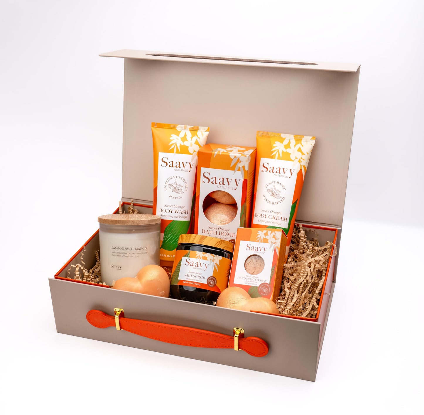 Saavy Naturals 9-Piece Spa Gift Set – Body Wash, Scrub & More – Plant-based Ingredients, Luxurious Spa Gift Basket for Women & Men –Mothers Day Gifts – (Sweet Orange GIft Set)