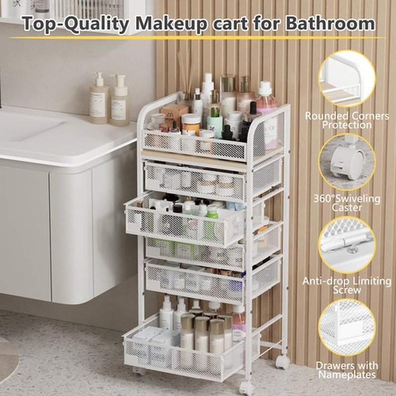 MODCART Makeup Organizer with 5 Drawers, Skincare Storage, Floor Skincare Organizers with Wheels Nameplates,Vanity Cosmetic Holder for Perfume, Nail Polish, Brushes, White