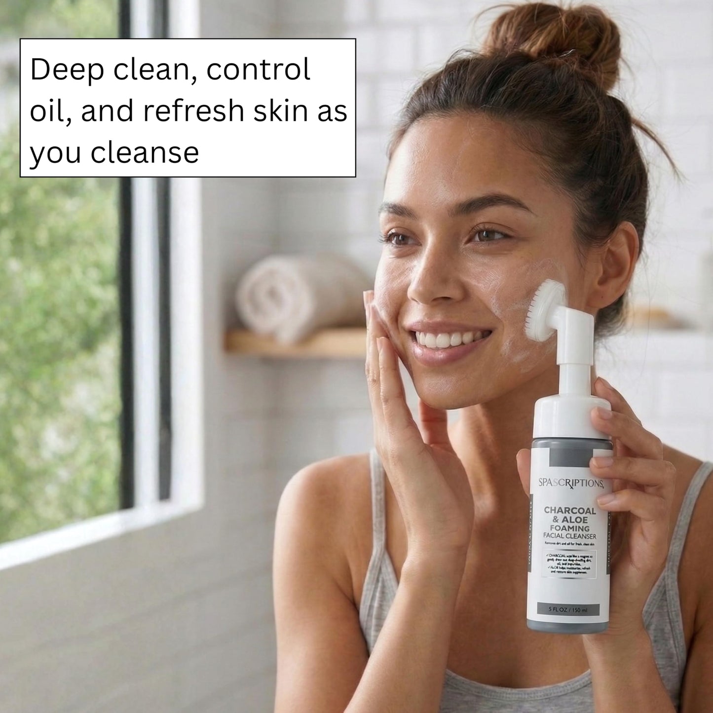 SpaScriptions 2 in 1 Cleanse & Exfoliate Foaming Facial Cleanser - Charcoal & Aloe Face Wash with Silicone Brush for Deep Cleansing & Oil Control with Hydration Support for Daily Cleansing, 5 oz