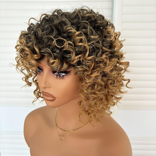 Short Loose Curly Afro Wigs 8 Inch Ombre Blonde Big Bouncy Kinky Curly Bob Wig with Bangs for Women Synthetic Heat Resistant Full Hair Wig