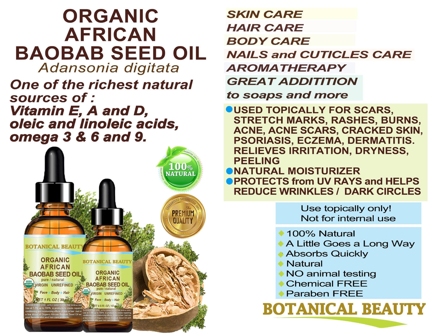 Botanical Beauty Organic BAOBAB SEED OIL 100% Pure Natural Refined Cold-pressed Carrier Oil 0.5 Fl oz 15 ml For Face, Skin, Body, Hair, Lip, Nails. Rich in vitamin C, Vitamin E