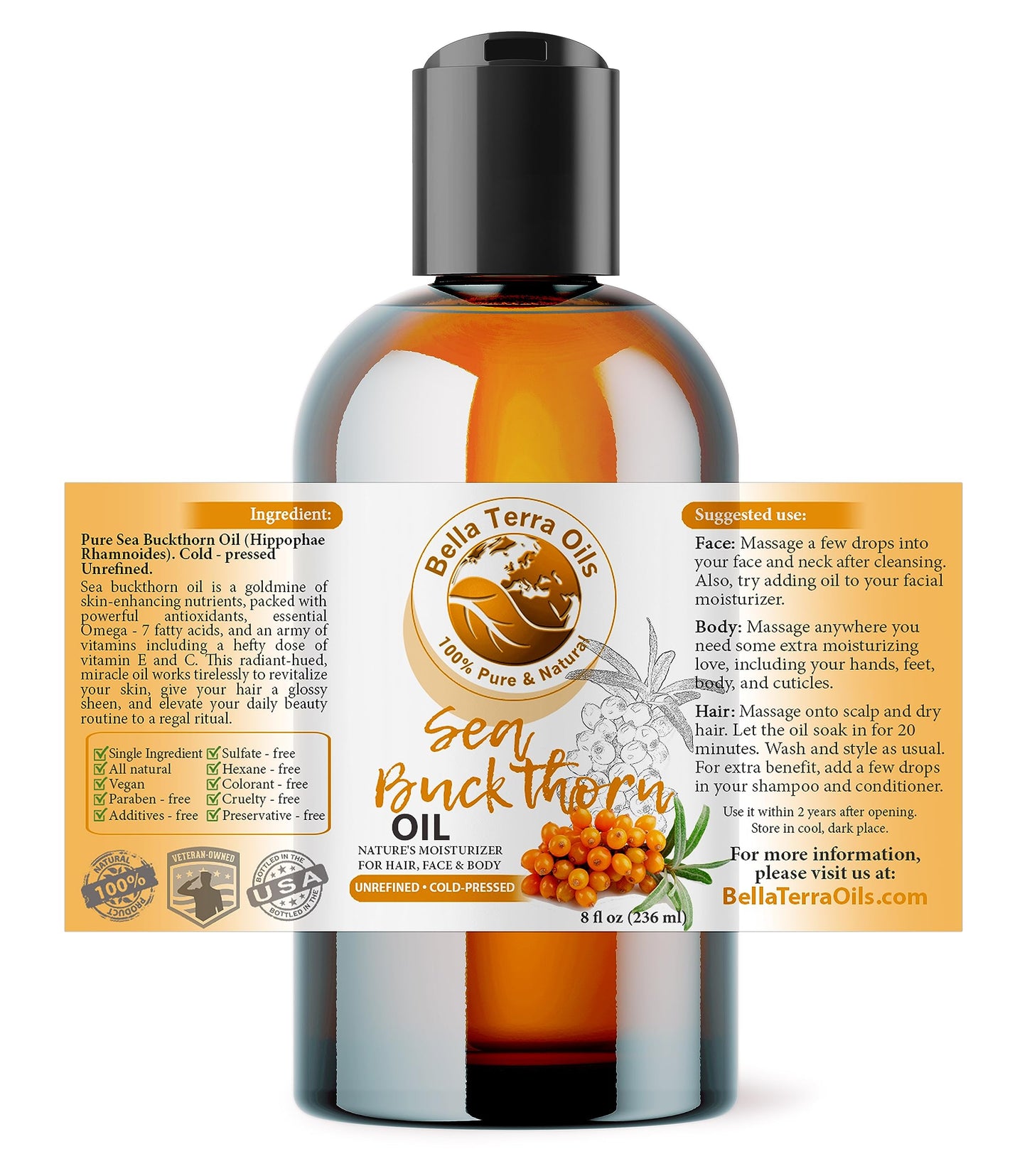 Bella Terra Oils - Natural Sea Buckthorn Oil 8oz - Cold-Pressed Treasure, Bursting with Omega-3 & Omega-6, A Radiant Glow in Every Bottle