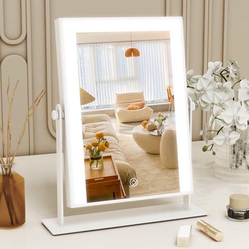 ROLOVE Lighted Makeup Mirror with Light, 9"x11" Vanity Mirror with Lights, Portable Tabletop Cosmetic Make Up Mirror, Smart Touch Control, Dual Power Supply, 360°Rotation