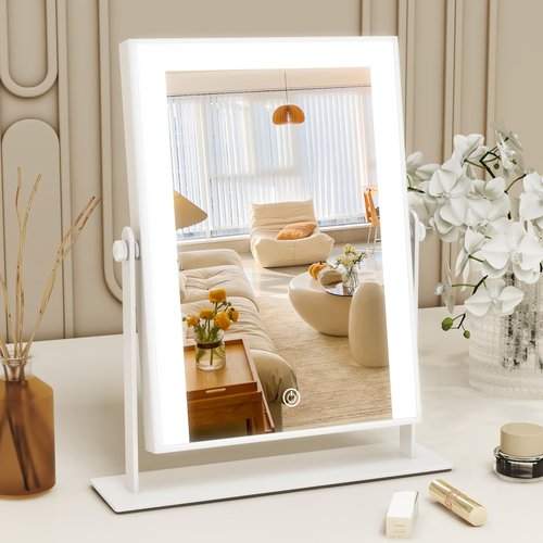 ROLOVE Lighted Makeup Mirror with Light, 9"x11" Vanity Mirror with Lights, Portable Tabletop Cosmetic Make Up Mirror, Smart Touch Control, Dual Power Supply, 360°Rotation