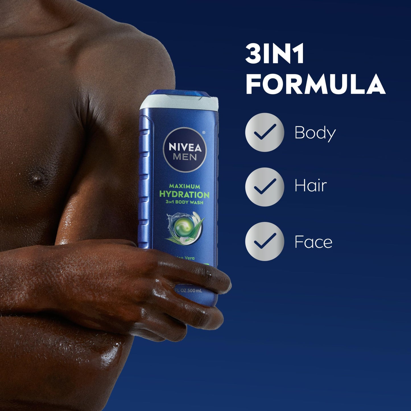 NIVEA MEN Maximum Hydration Body Wash for Dry Skin, Aloe Vera Enriched, 3-in-1 Moisturizing Body Wash, Face and Hair, Paraben Free, Vegan Formula, 16.9 Fl Oz Bottle