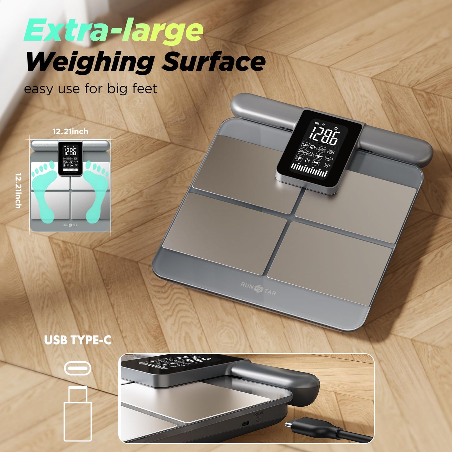 RunStar 8-Electrode Scale for Body Weight, Accurate Body Composition Scale with BMI Body Fat Muscle Mass 50+ Metrics, Rechargeable Body Analyzer with Large Screen Handle, 400lb, Silver