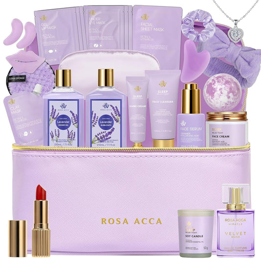 Lavender Bath & Body Gift Basket Set - 25 Pcs Hydrating Skin Care for Women | Self-Care Spa Gifts, Necklace Included