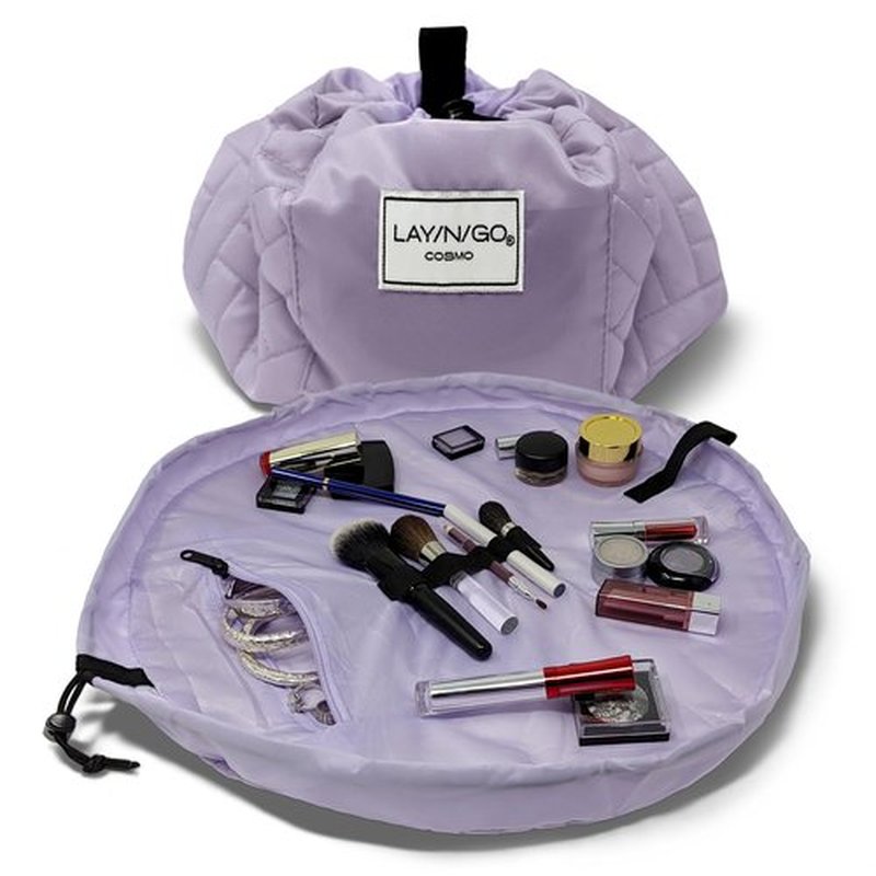 Lay-n-Go Cosmo Drawstring Cosmetic & Makeup Bag Organizer - Portable Drawstring Makeup Bag w/Zipper Pocket, Makeup Loops & More - Durable, Machine Washable Makeup Bag for Travel (20”, Quilted)