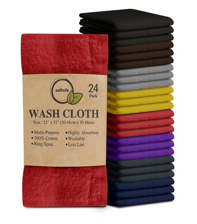 Softolle 100% Cotton Ring Spun Wash Cloths – Bulk Pack of Washcloths – 12x12 Inches – Wash Cloth for Face, Highly Absorbent, Soft and Face Towels (Assorted, 24 Pack)