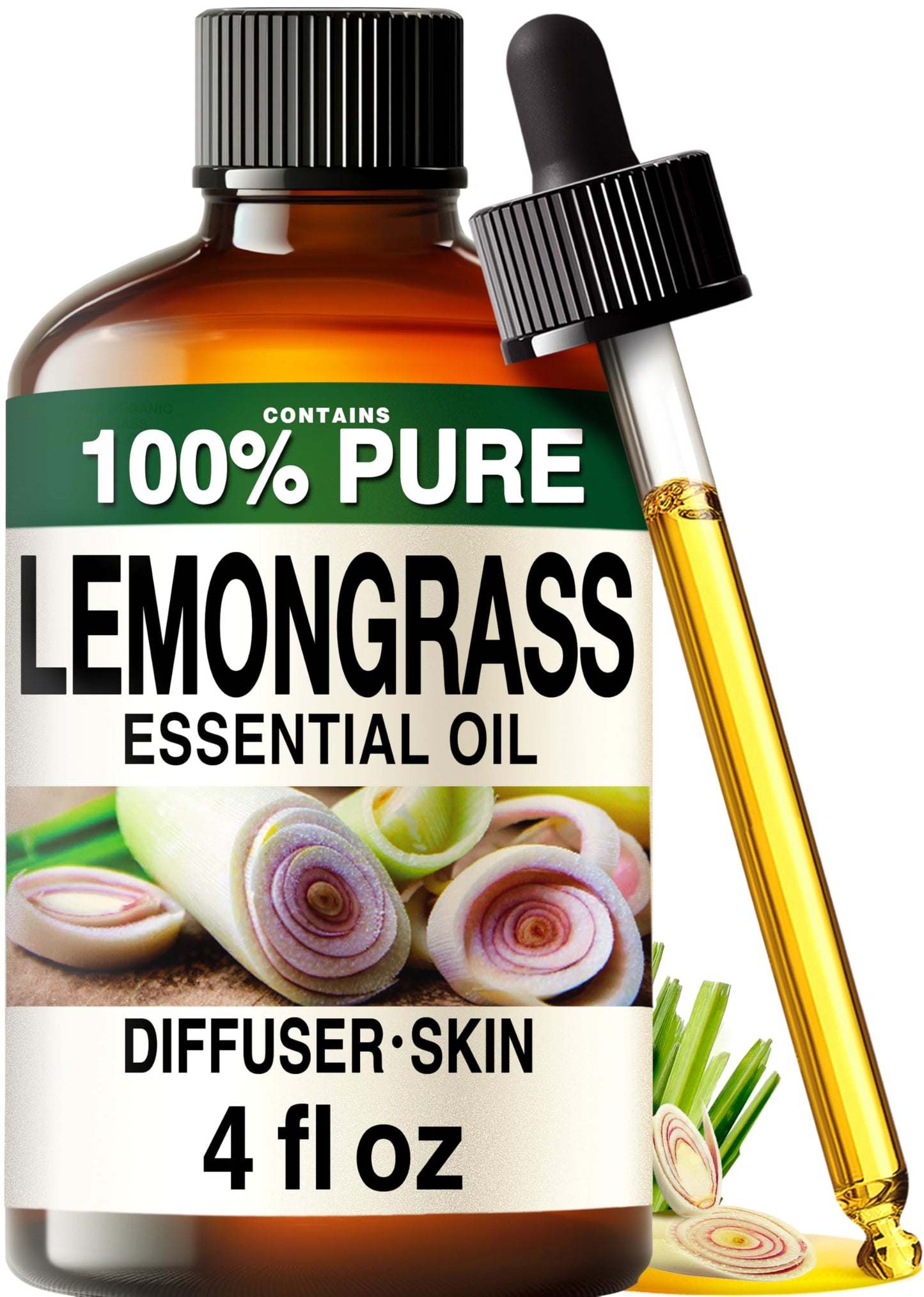 100% Pure Lemongrass Oil - 4 Fl Oz Lemongrass Essential Oil for Hair, Skin, Diffuser, Aromatherapy & DIY Soap Making Scent