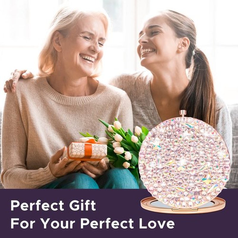 QearFun Small Compact Mirror for Purses, Bling Diamond Rose Gold Mini Pocket Mirror, Luxurious Rhinestone Tiny Magnifying Mirror Gift for Women & Girlfriend Bridesmaids Wedding Favors Travel Makeup