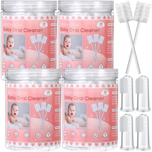 Singhoow 200 Pieces Baby Tongue Cleaner Disposable Infant Oral Cleaner with 4 Pieces Finger Toothbrush Soft Gauze Baby Mouth Cleaner Newborn for Tooth Mouth Gum Dental Care (Pink)