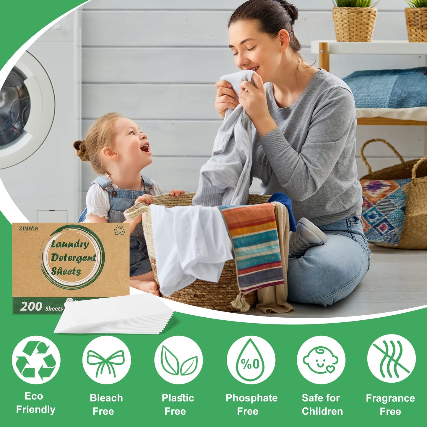 Zimwin Laundry Detergent Sheets, 200 Count, Fragrance Free, Eco-Friendly, Plastic-Free, Hypoallergenic, Liquidless Washing Supplies for Dorm Travel Camping