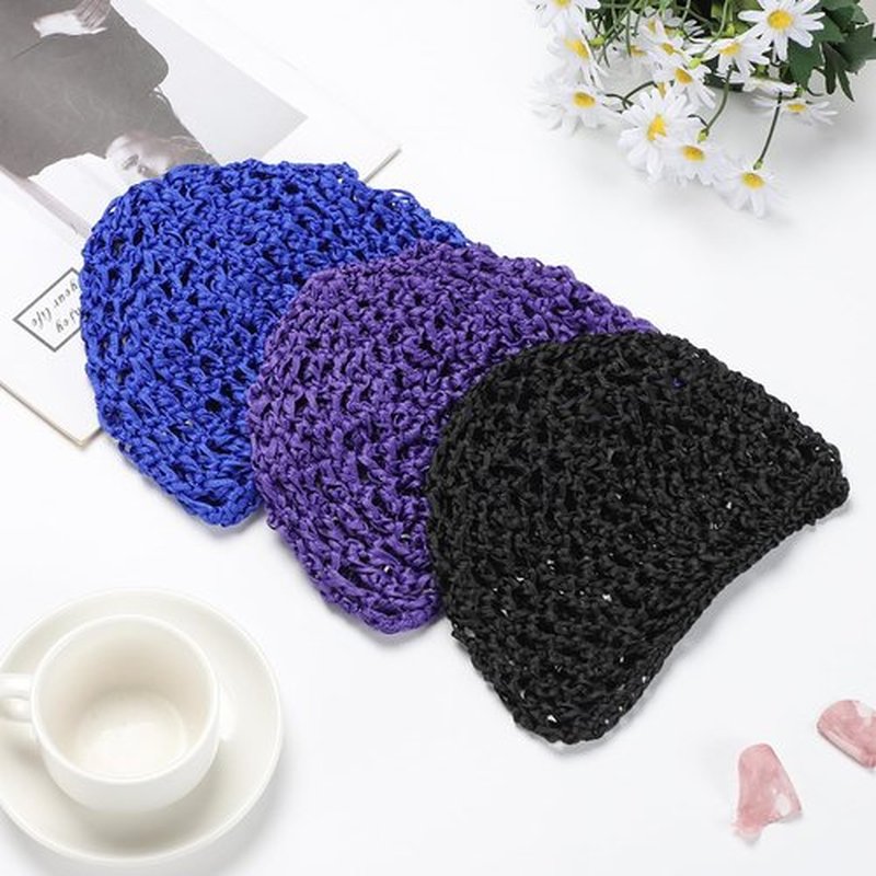 Etercycle 3 Pieces Mesh Crochet Hair Net Snoods for Women, Soft Rayon Knit Crochet Hairnet Hair Cover Accessory for Sleeping (Black, Purple, Blue)