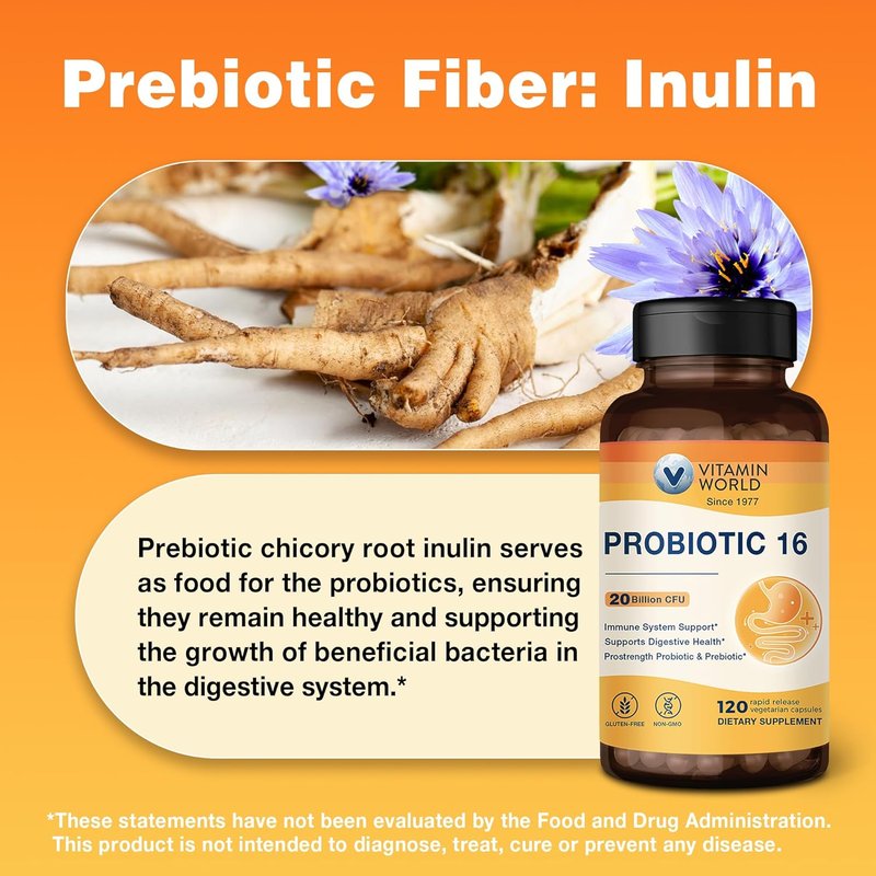 Probiotic 16 - 20 Billion CFU, 16 Strains & Prebiotic Fiber | Digestive & Immune Support, 120 Veggie Capsules