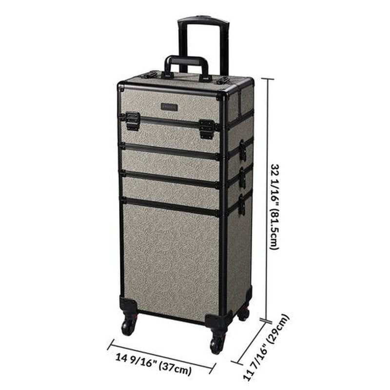 BYOOTIQUE Rolling Makeup Train Case 4in1 Cosmetic Trolley Organizer Travel Case Lockable Salon Barber Case with Wheels for Makeup Artist Trave Nail,Rococo GainsBoro