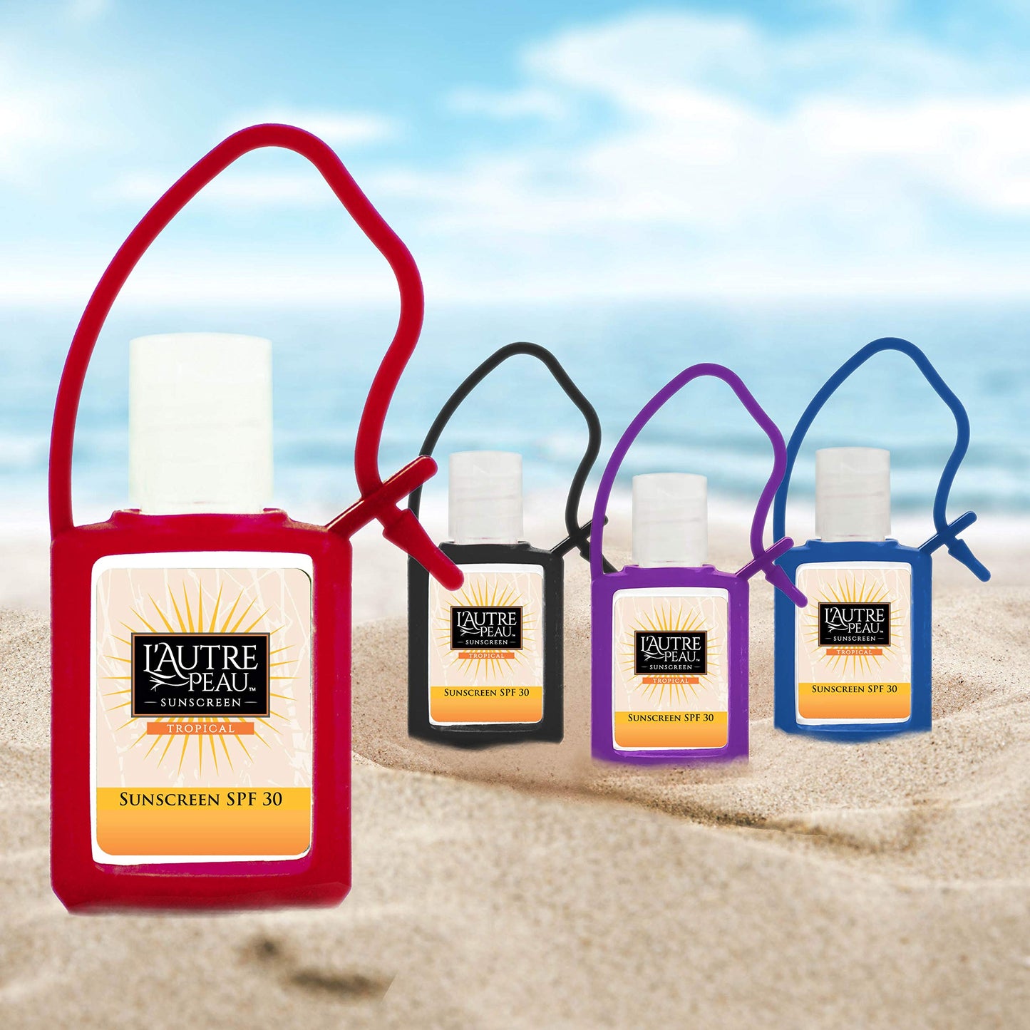 SPF 30 Sunscreen Multi-Pack by L'AUTRE PEAU | Travel Size Sunscreen for Men, Women & Kids | Non-Greasy, Water Resistant | Tropical Scent | TSA Approved | 4 Pack With Travel Strap