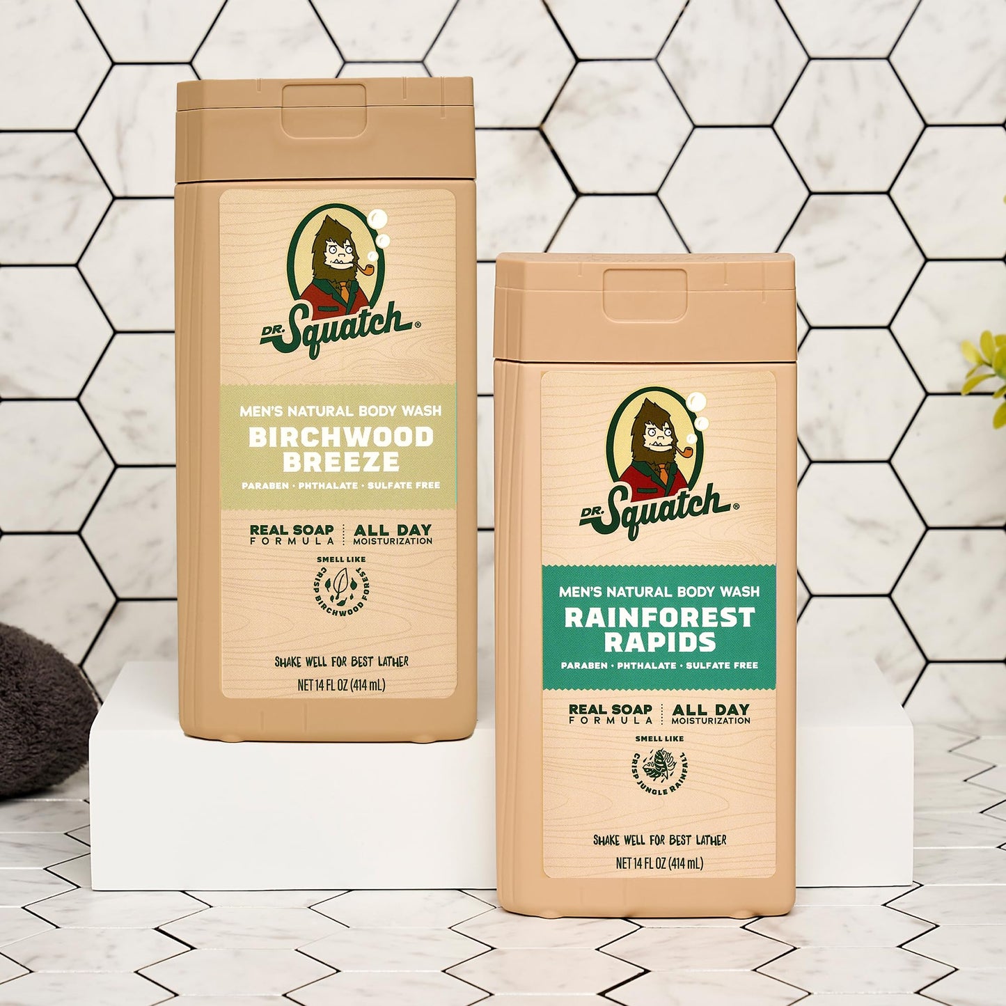 Dr. Squatch NEW Body Wash for Men with Nourishing, Natural Ingredients | No Paraben, Phthalate, Sulfate | All Day Moisture | Long Lasting Scent | Wood Barrel Bourbon & Fresh Falls (14 oz, 2-Pack)