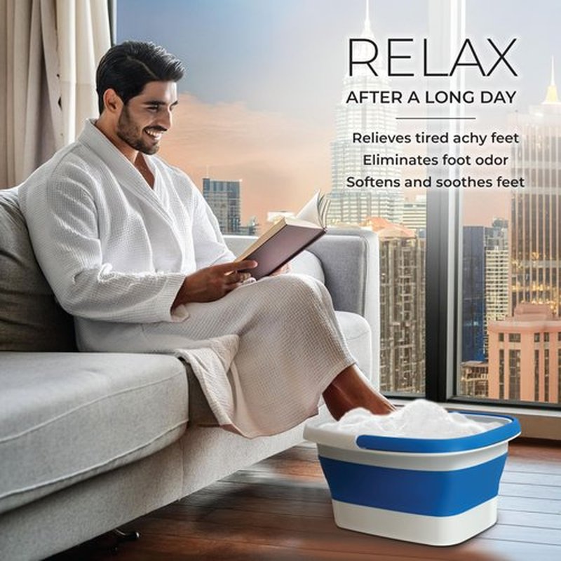 Mantello Collapsible Foot Bath Foot Soaking Tub | Portable Foot Spa Pedicure Bowl | Large Basin to Soak & Wash Feet | Folding Bucket with Carry Handle | White & Grey, Blue, Green [Blue]