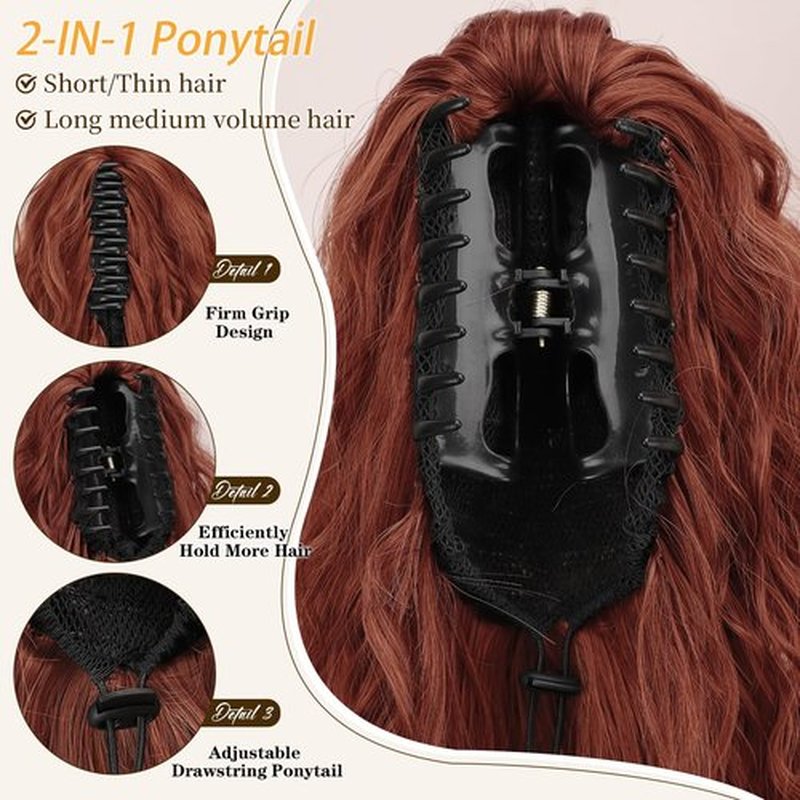 ORSUNCER Ponytail Extension Claw 30" Curly Pony Tail Clip in Claw Hair Extensions Fluffy Natural Looking Synthetic Hairpiece for Women Reddish Orange