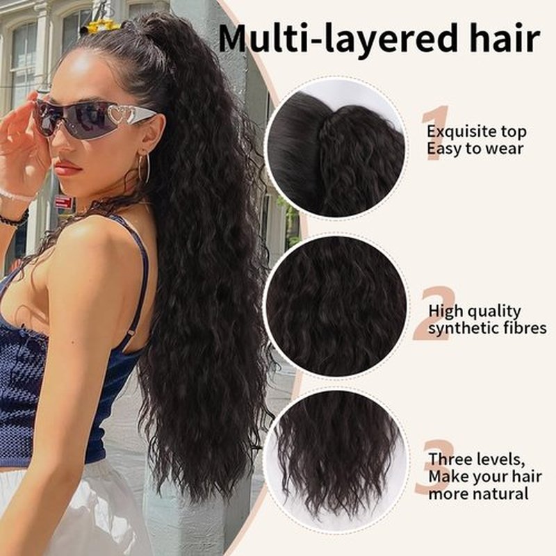 ORSUNCER Ponytail Extension Claw 30" Curly Pony Tail Clip in Claw Hair Extensions Fluffy Natural Looking Synthetic Hairpiece for Women Chocolate Brown Highlight