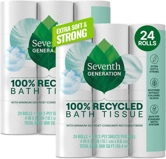 Seventh Generation Toilet Paper - 100% Recycled 2-Ply Bath Tissue | Extra Soft, Chlorine-Free, 12 Rolls