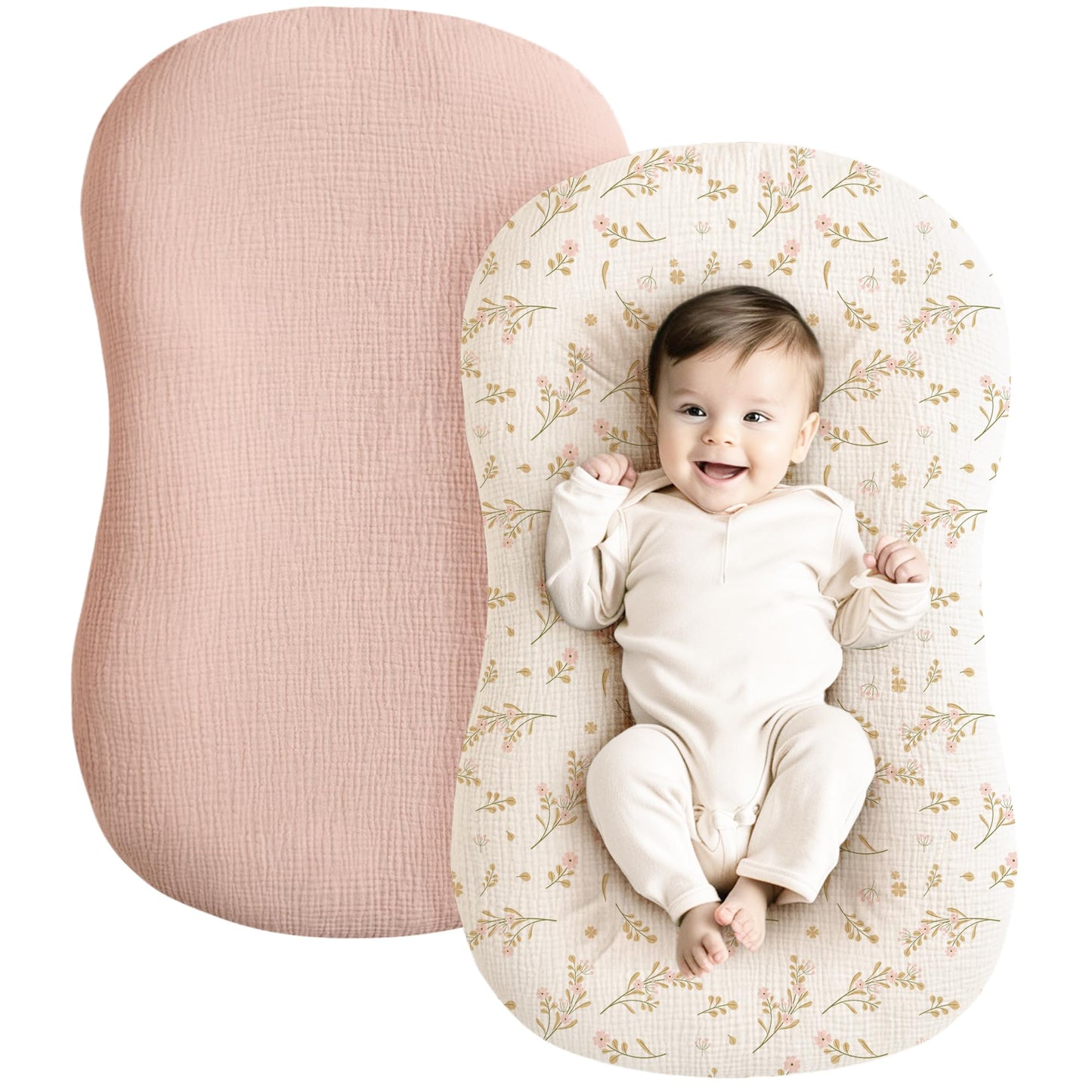Konssy Muslin Baby Lounger Cover 2 Pack, 100% Cotton Newborn Lounger Cover, Soft and Breathable Baby Nest Slipcover for Boys Girls (Pink, Floral)