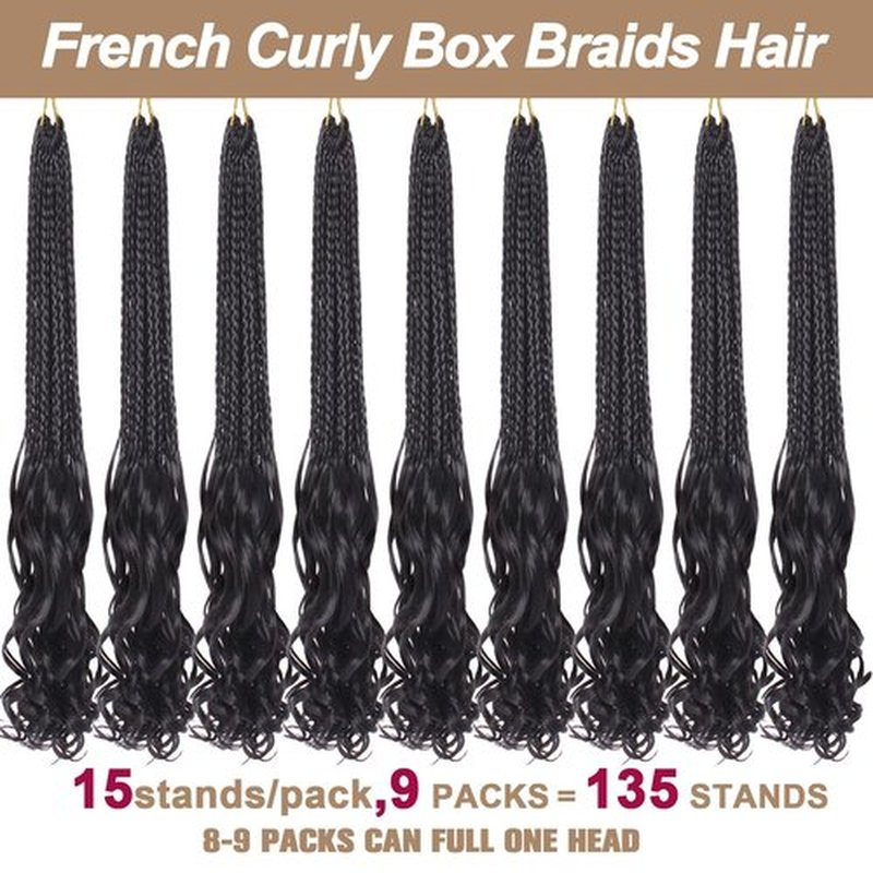 COOKOO 18 Inch 9 Pack (15 Strands/PCS) Pre Looped French Curly Box Braids Crochet Hair Natural Black French Curl Braiding Hair with Curly Wavy Ends Bouncy Loose Wave Crochet Box Braids for Women 1B#