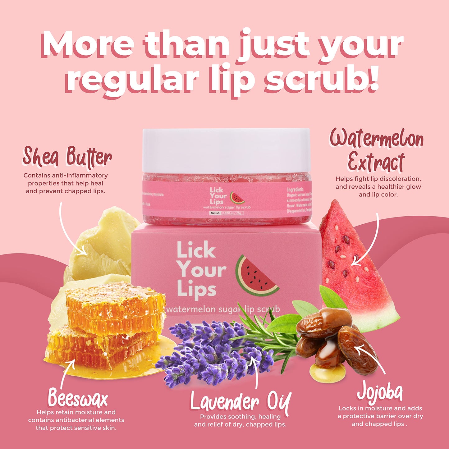 Watermelon Sugar Lip Scrub for Women Dry, Cracked and Dark Lips – Lip Scrubber Exfoliator & Organic Lip Scrubs Exfoliator and Moisturizer with Lip Brush – Vegan, Cruelty-Free Lip Care Products (20g)