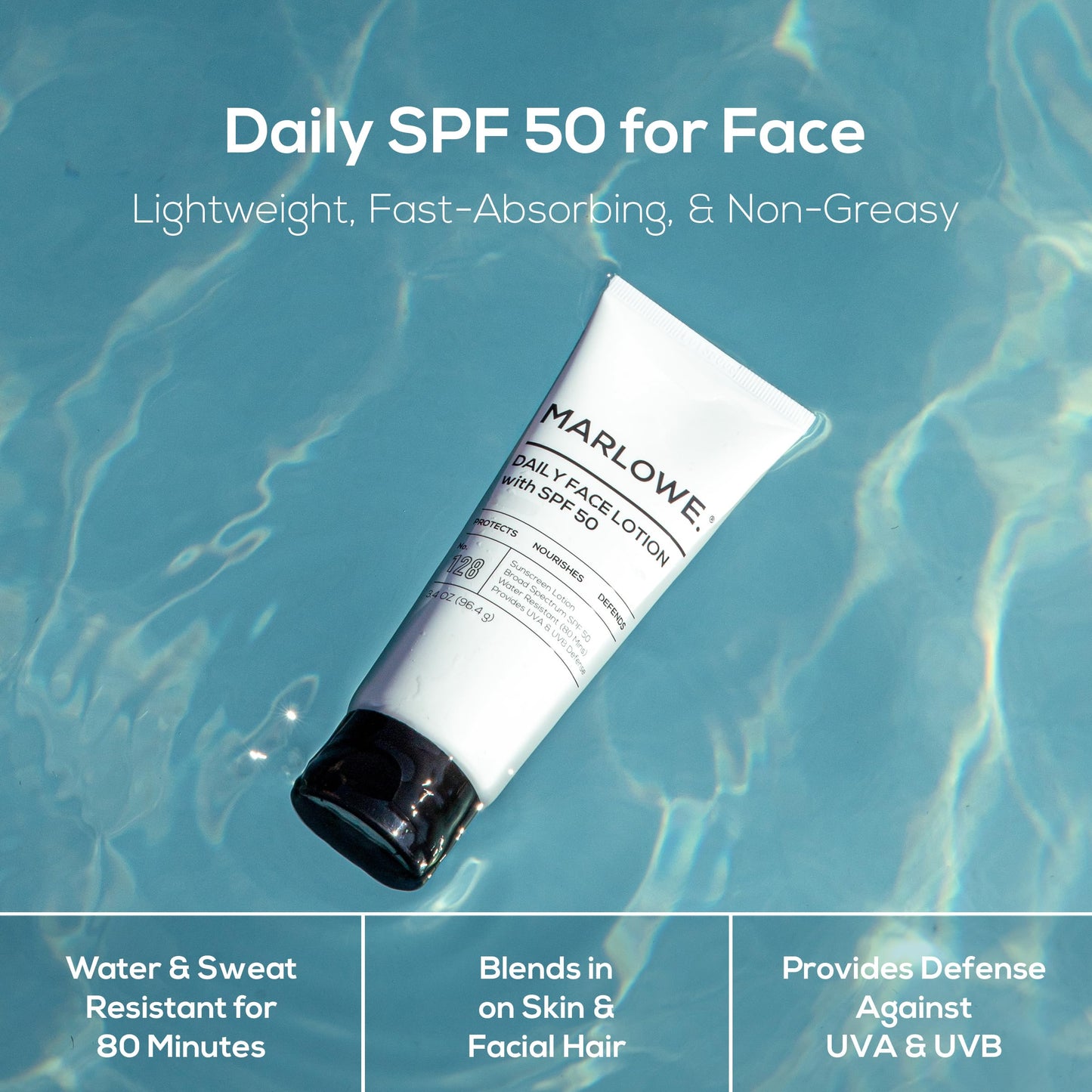 MARLOWE. Face Moisturizer with SPF 50, 3.4 oz, 2 Pack, Lightweight, Non-Greasy Daily Sunscreen Lotion to Protect, Hydrate & Nourish, Clean, Vegan Formula with Aloe Vera & Shea Butter, Fragrance Free