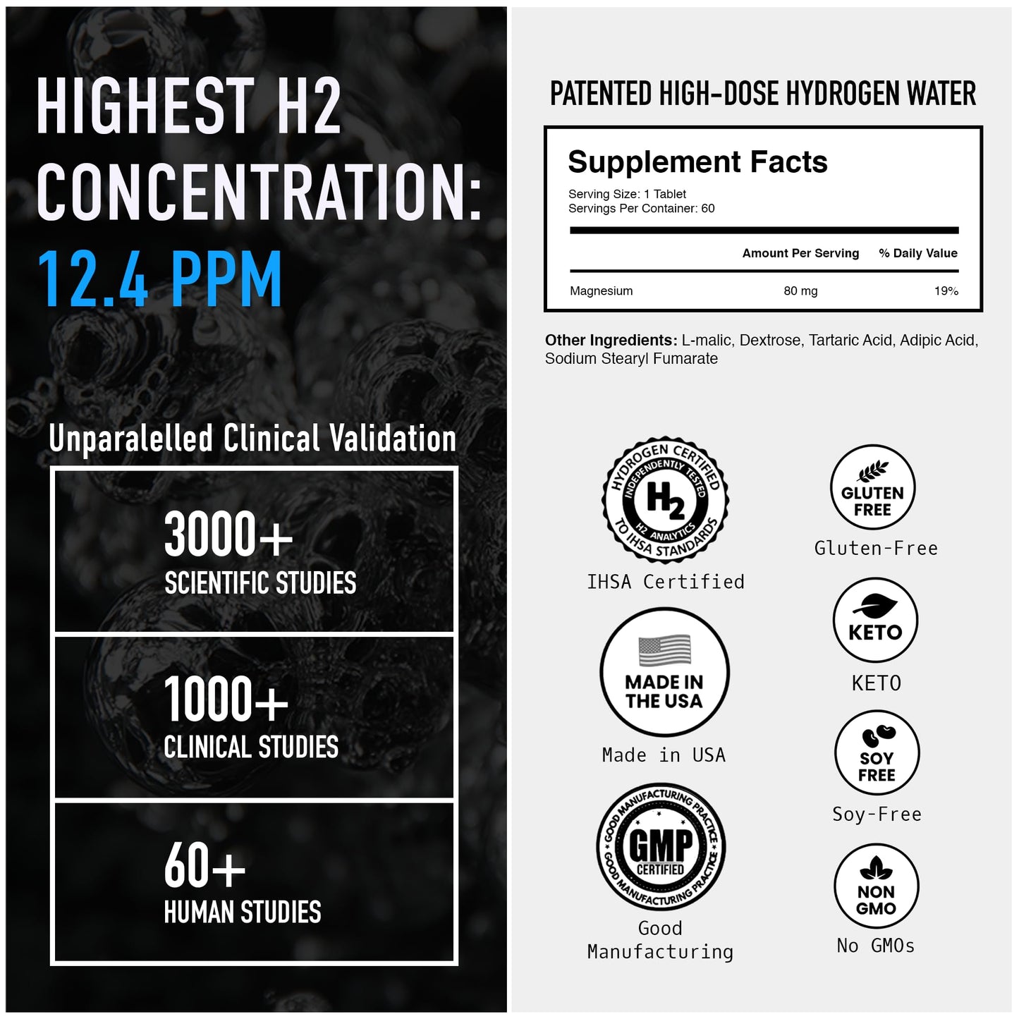 DRINK HRW Rejuvenation Molecular Hydrogen Water Tablets: 12 ppm H2, Patented, USA Made, IHSA-Certified Hydrogen & Magnesium Supplement. Supports Energy, Recovery, Cognitive Function (Unflavored, 60Ct)