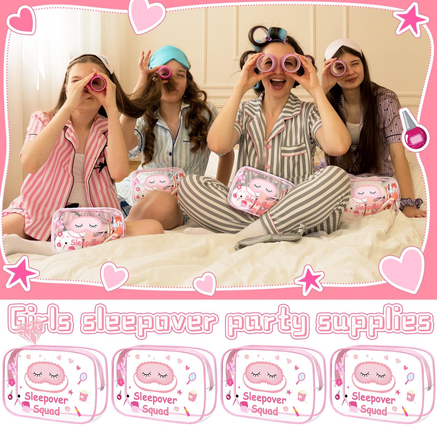 Aliceset 8 Pcs Sleepover Party Favors Sleepover Squad Make up Bags Waterproof Slumber Pajama Party Supplies Spa Birthday Overnight Sleep over Favors(Pink)