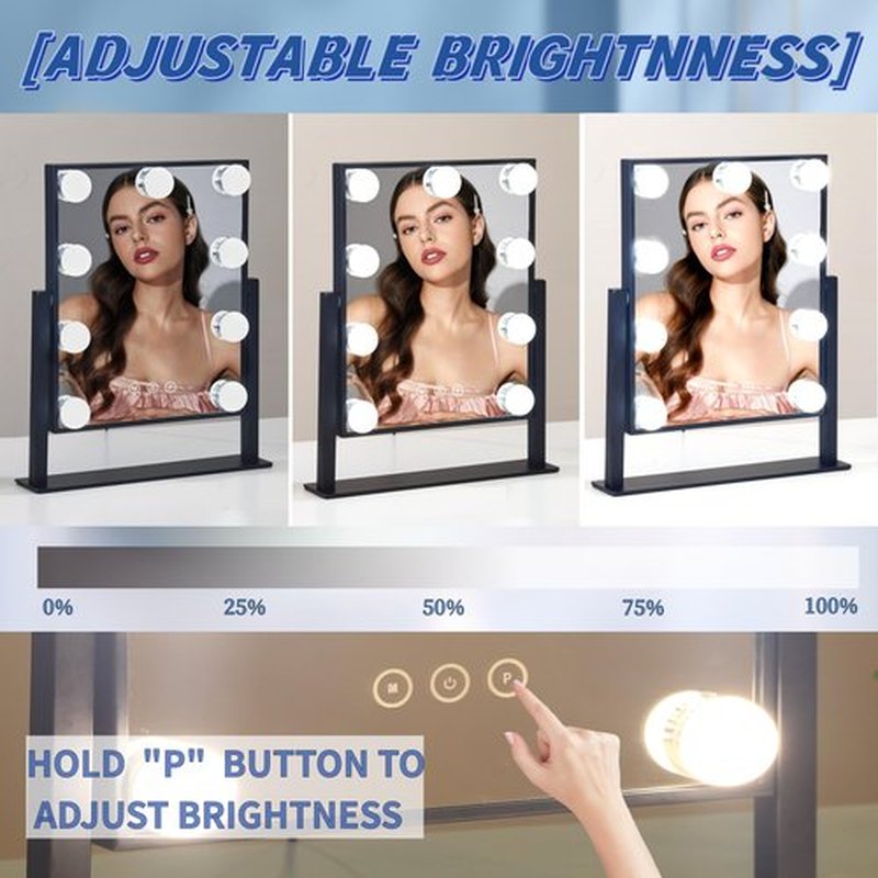 Acoolda Vanity Mirror with Lights, Hollywood Vanity Makeup Mirror with 9 Dimmable LED Bulbs, 3 Color Lighting Modes, Detachable 10X Magnification, 360°Rotation,Black