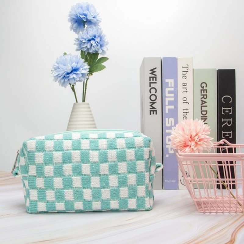 PAZIMIIK Checkered Makeup Bag for Purse Portable Zipper Make Up Pouch Small Cosmetic Case for Travel Accessories Arctic Blue